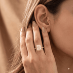 Radiant halo engagement ring lifestyle photo outdoors