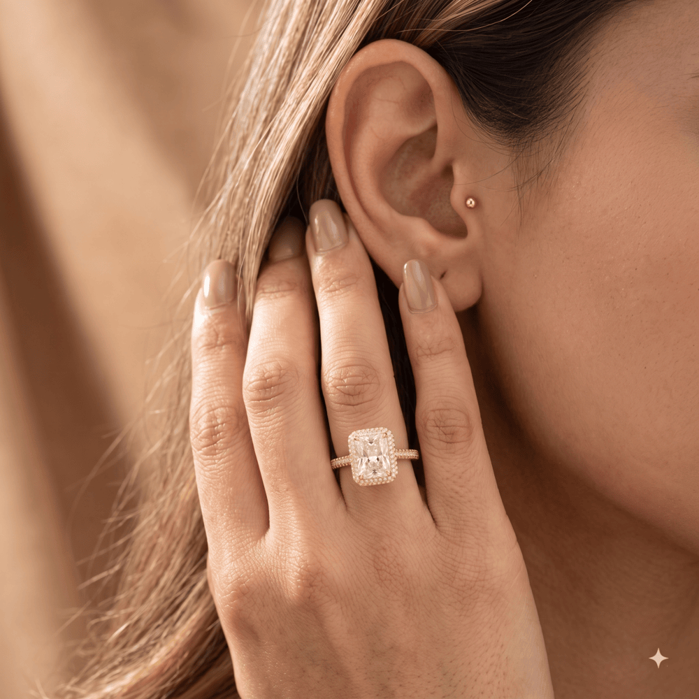 Radiant halo engagement ring lifestyle photo outdoors