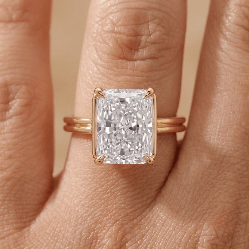 Radiant moissanite engagement ring 14K gold cathedral setting