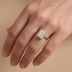 Radiant moissanite ring cathedral setting on hand Finger