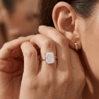 Cathedral engagement ring lifestyle shot on model