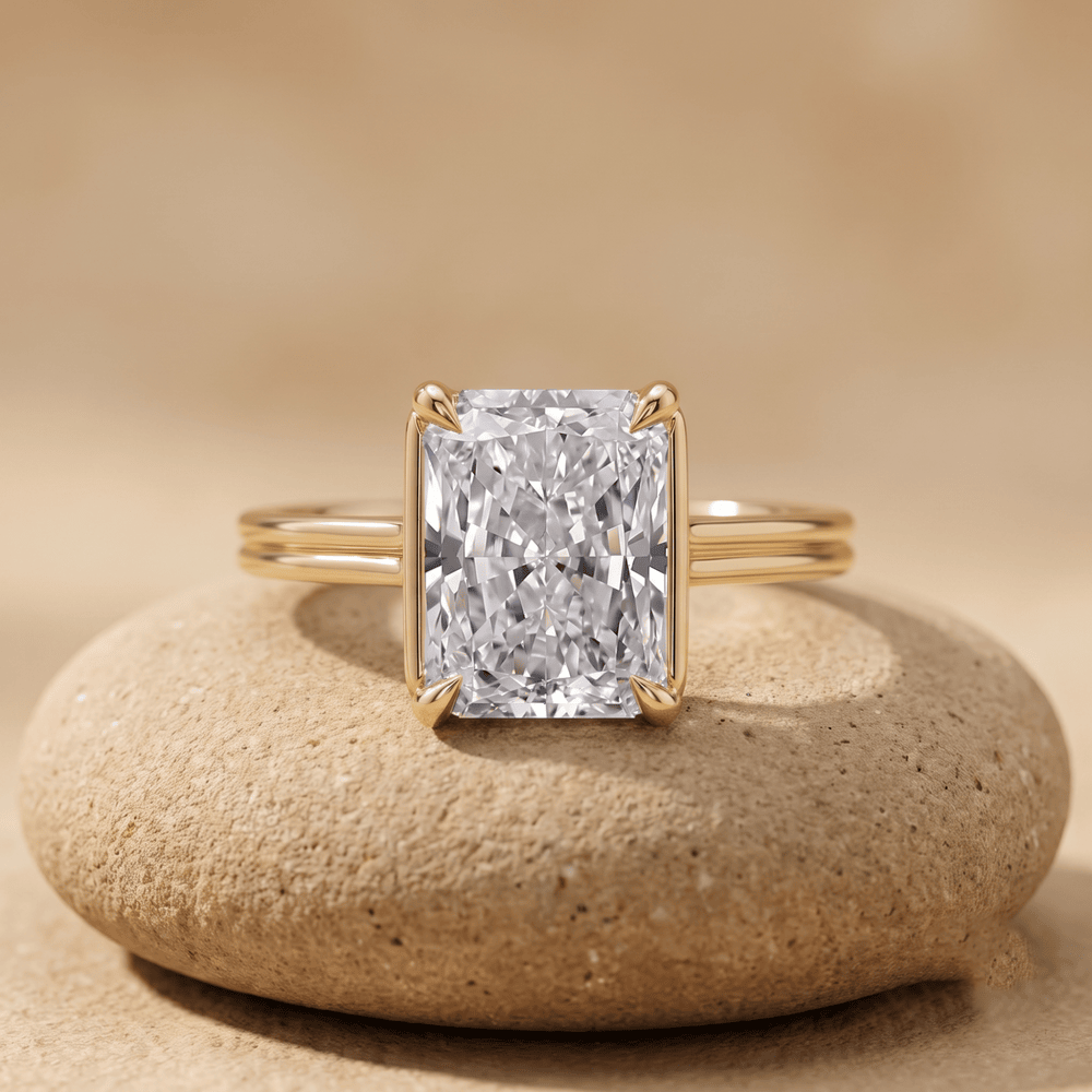 14K gold cathedral ring with radiant-cut moissanite front view