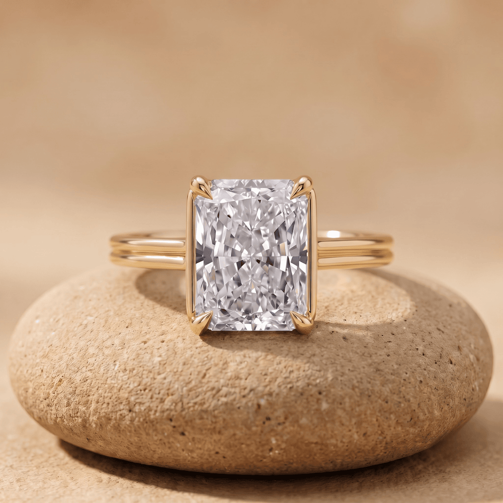 14K gold cathedral ring with radiant-cut moissanite front view
