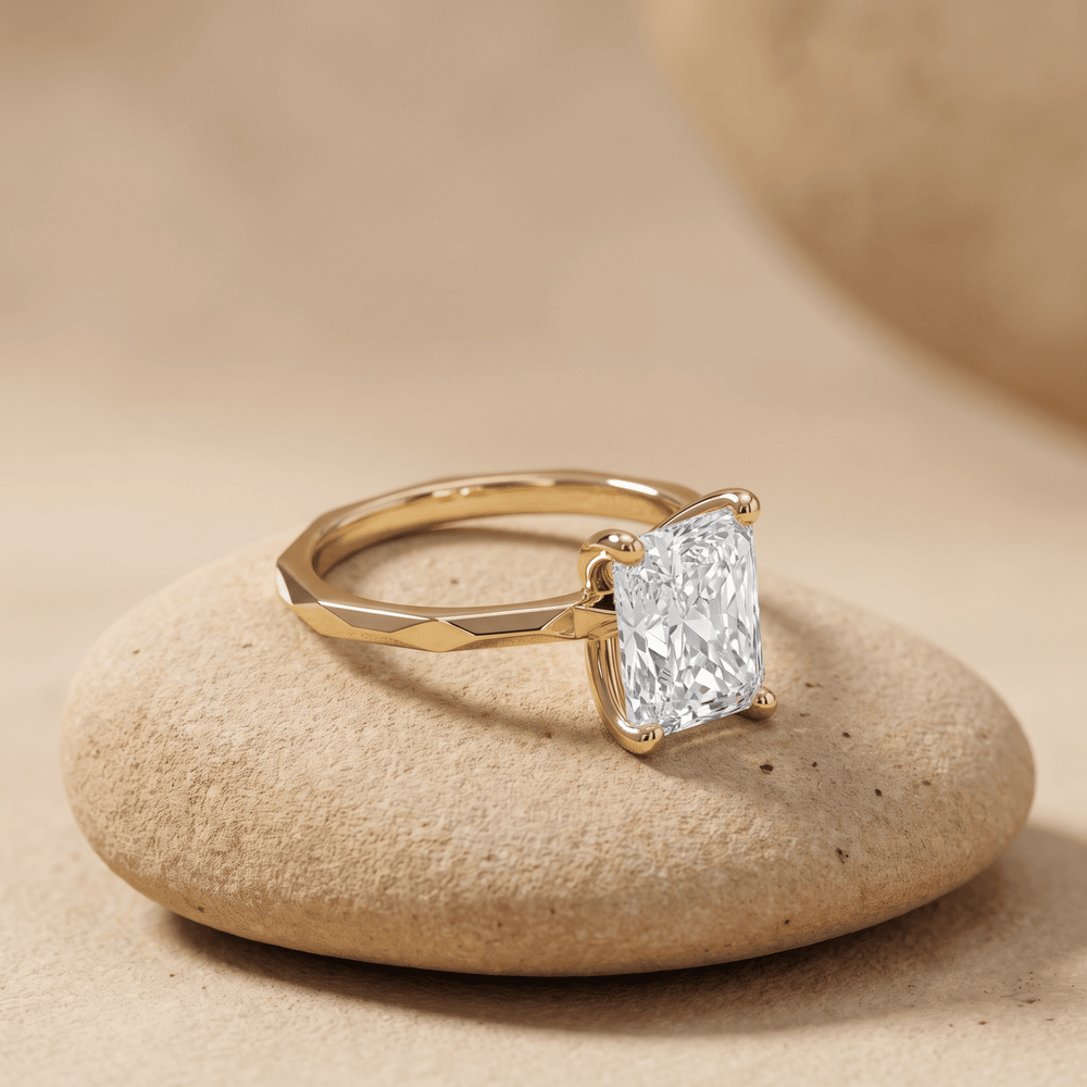 Radiant moissanite birthstone ring side profile view