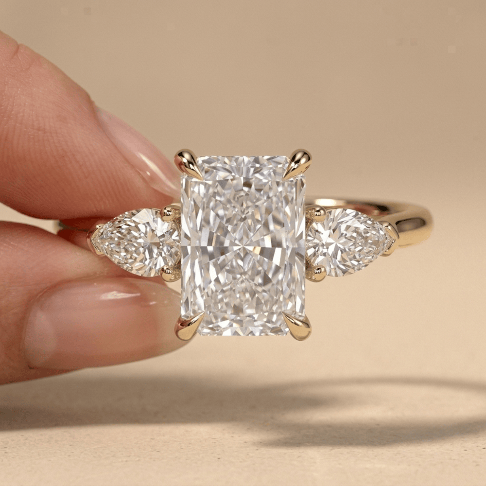 Radiant Cut Lab Diamond Three Stone Engagement Ring in Gold