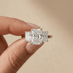 Radiant three stone lab diamond engagement ring in yellow gold