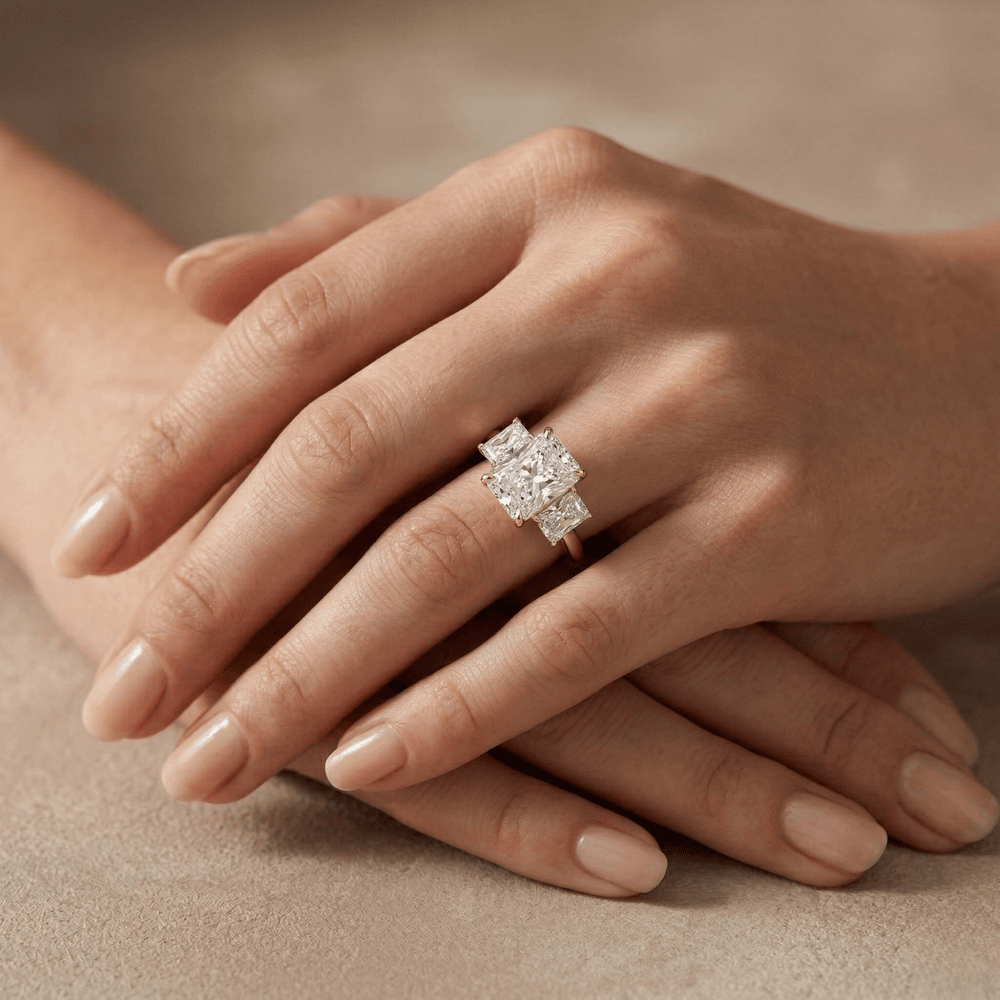 Radiant cut three stone gold wedding ring for women