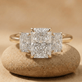 14K gold radiant cut lab grown diamond three stone engagement ring