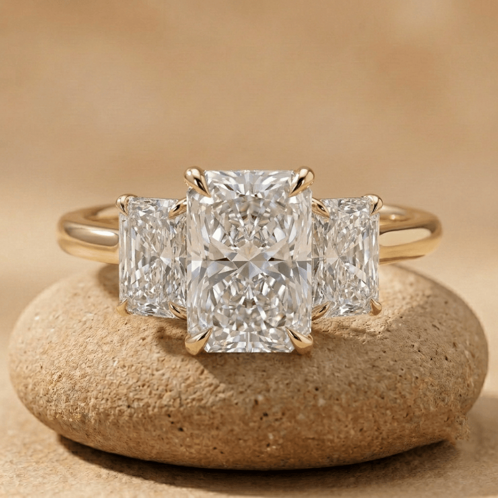 14K gold radiant cut lab grown diamond three stone engagement ring