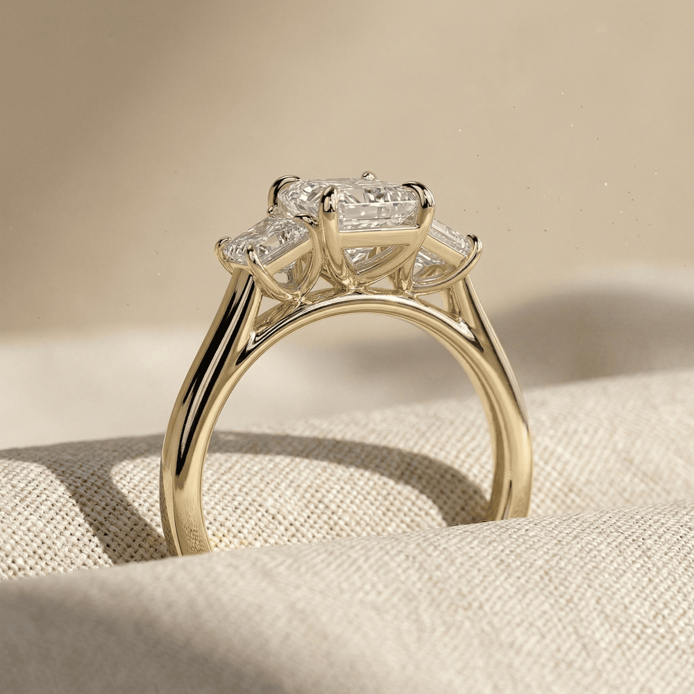 Three stone radiant lab grown diamond ring for proposal