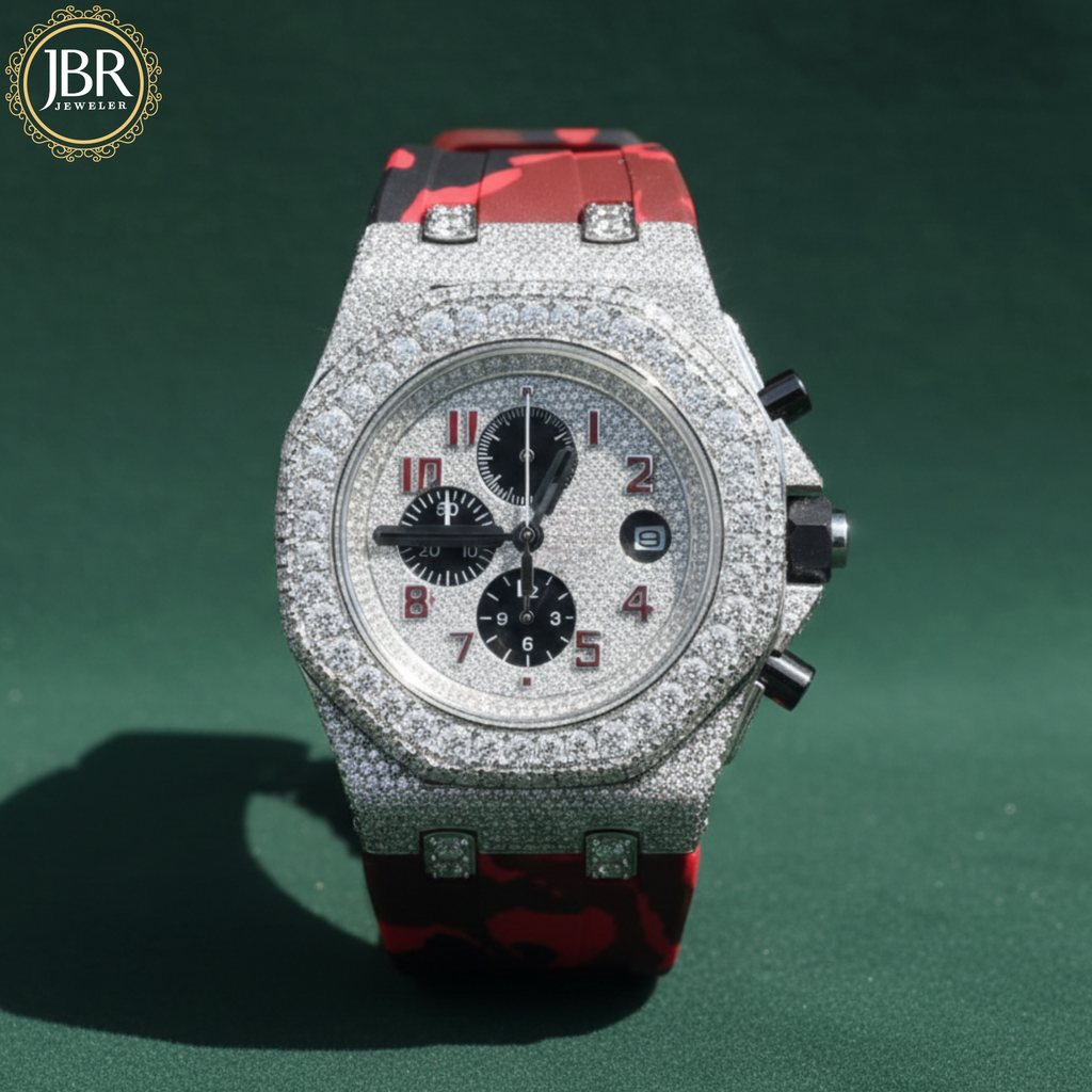 Red Army Silicone Belt Bling Fully Iced Out Diamond Watch