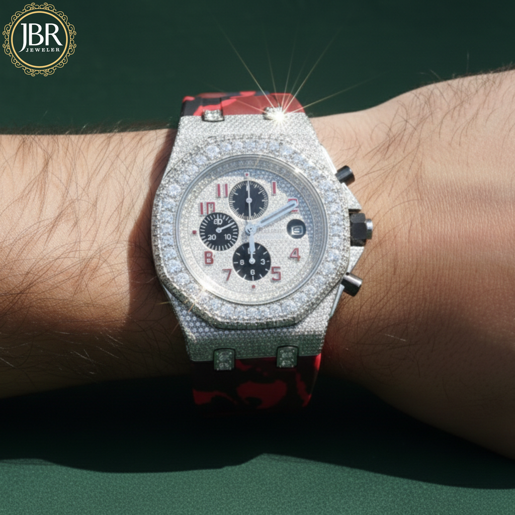Red Army Silicone Belt Bling Fully Iced Out Diamond Watch