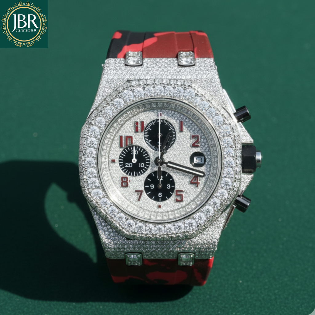 Red Army Silicone Belt Bling Fully Iced Out Diamond Watch