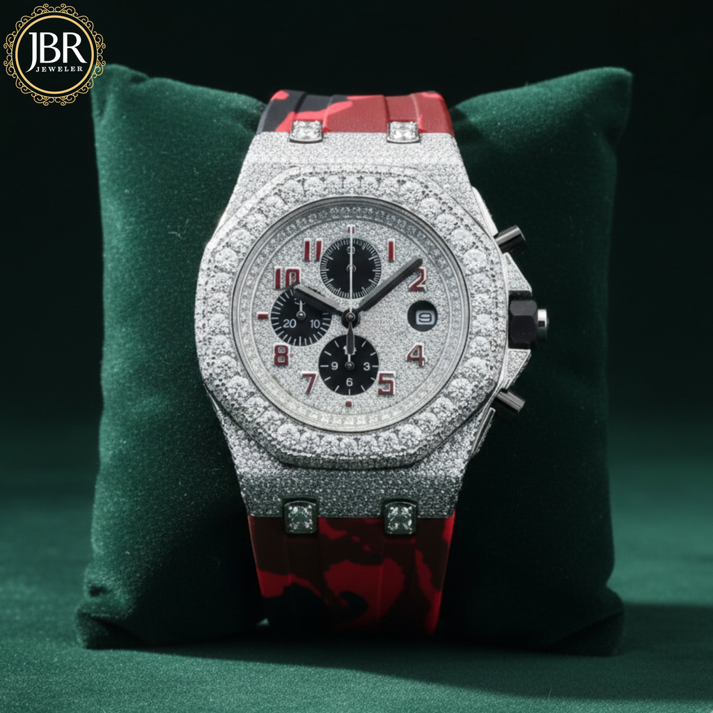 Red Army Silicone Belt Bling Fully Iced Out Diamond Watch