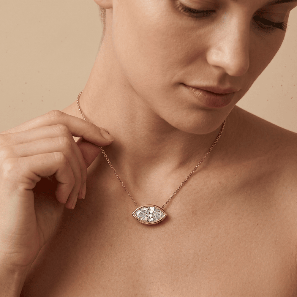 Rose Gold Eye Shaped Diamond Necklace Bezel Set Pendant