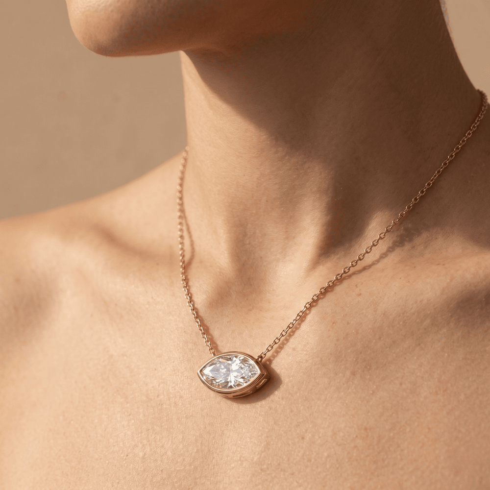 Rose Gold Eye Shaped Diamond Necklace Bezel Set Pendant