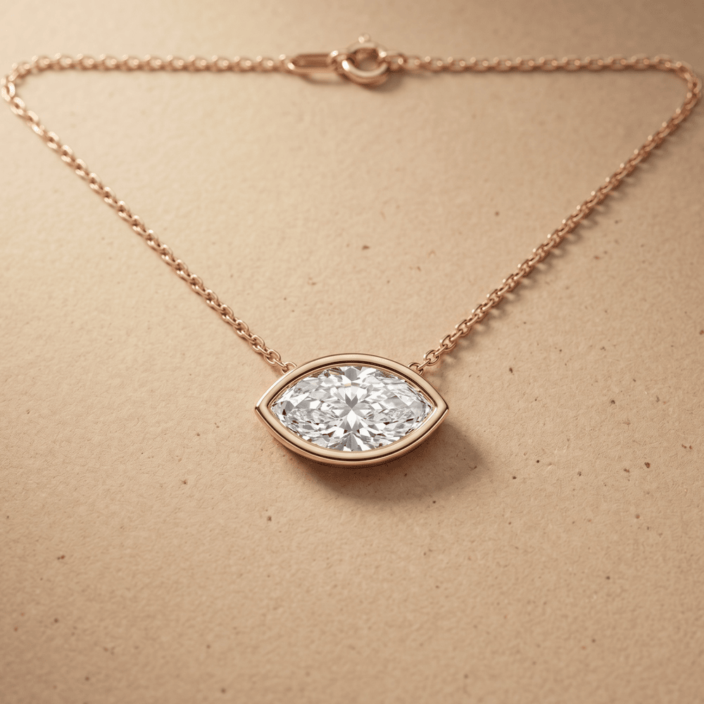 Rose Gold Eye Shaped Diamond Necklace Bezel Set Pendant