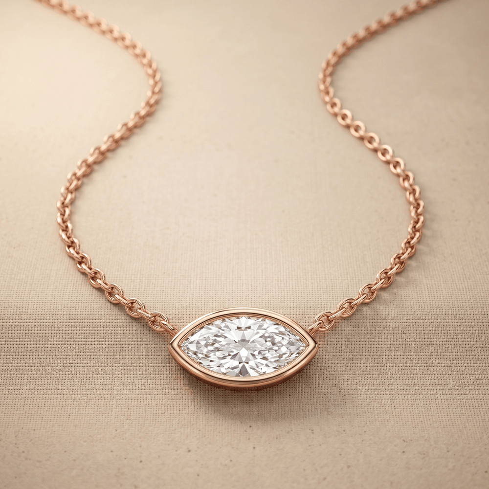 Rose Gold Eye Shaped Diamond Necklace Bezel Set Pendant