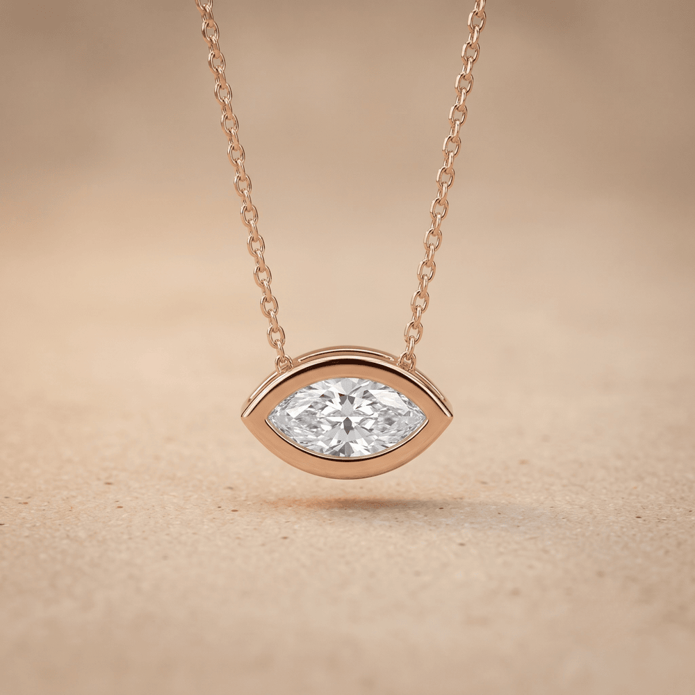 Rose Gold Eye Shaped Diamond Necklace Bezel Set Pendant