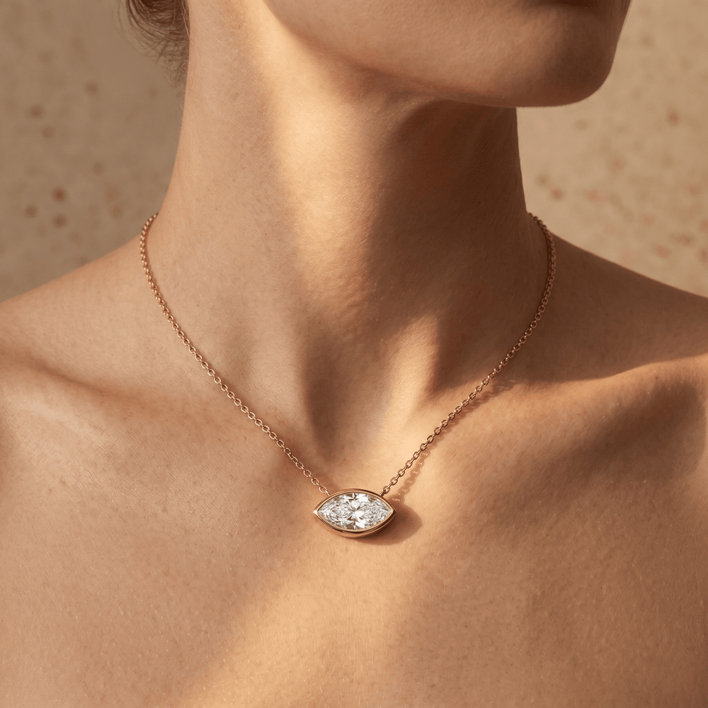 Rose Gold Eye Shaped Diamond Necklace Bezel Set Pendant