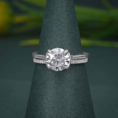 Round Cut CVD Diamond Semi Bezel Wedding Bridal Ring Sets