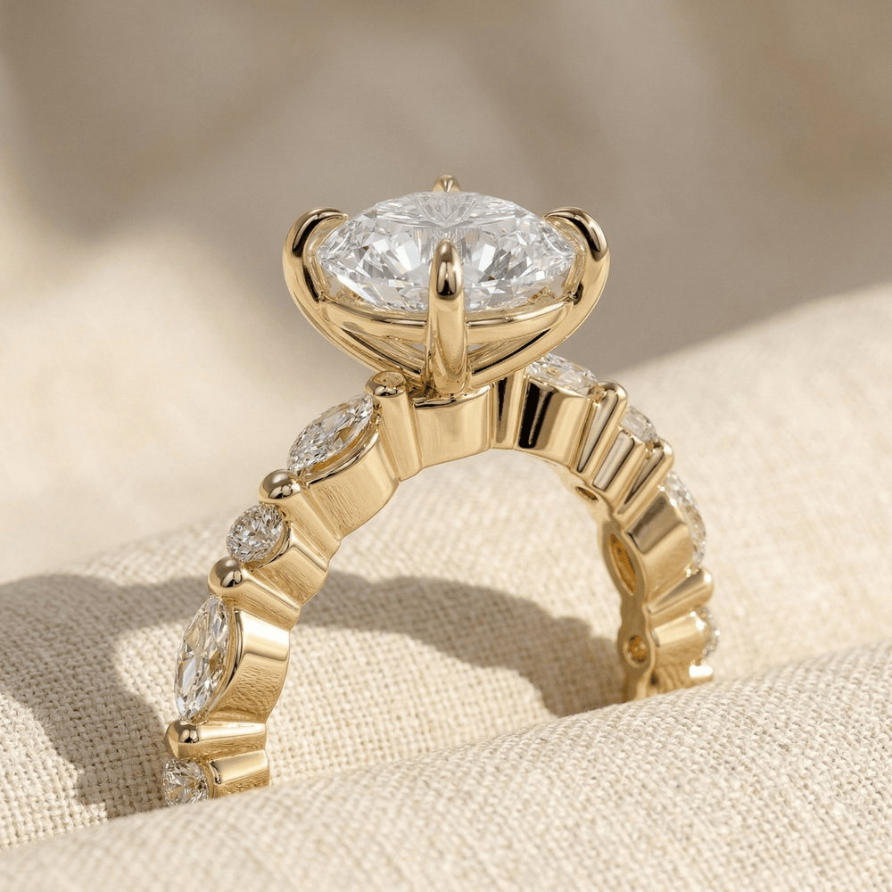 Round cut lab grown diamond ring with sparkling side stones