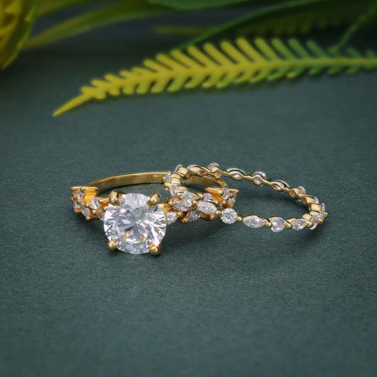 Round Cut Lab Grown Diamond Engagement Ring Set Unique Bridal Set