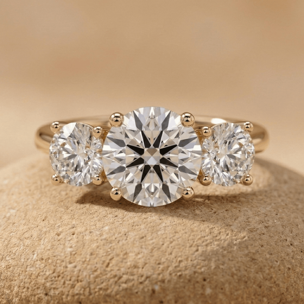 Round cut lab grown diamond three stone engagement ring
