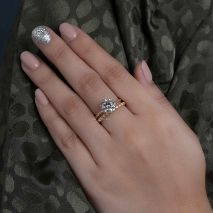 Ensembles d'anneaux de mariage en diamant cultivés en laboratoire, coupe ronde, avec pleine bande d'éternité