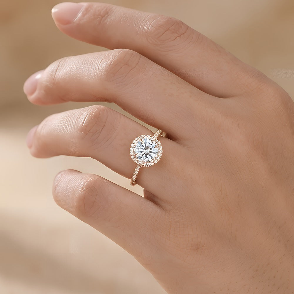 Moissanite engagement ring on hand