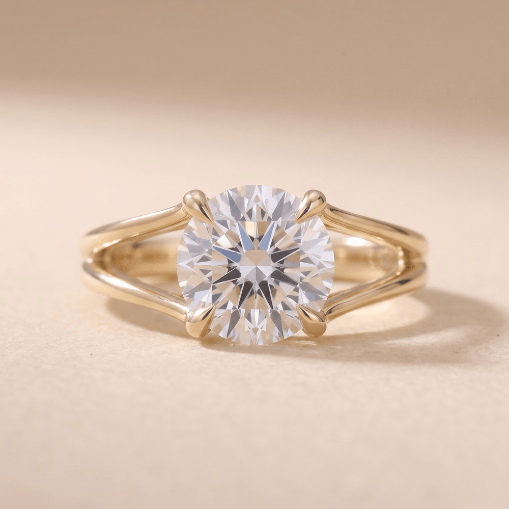 Split band wedding ring with round cut moissanite center stone