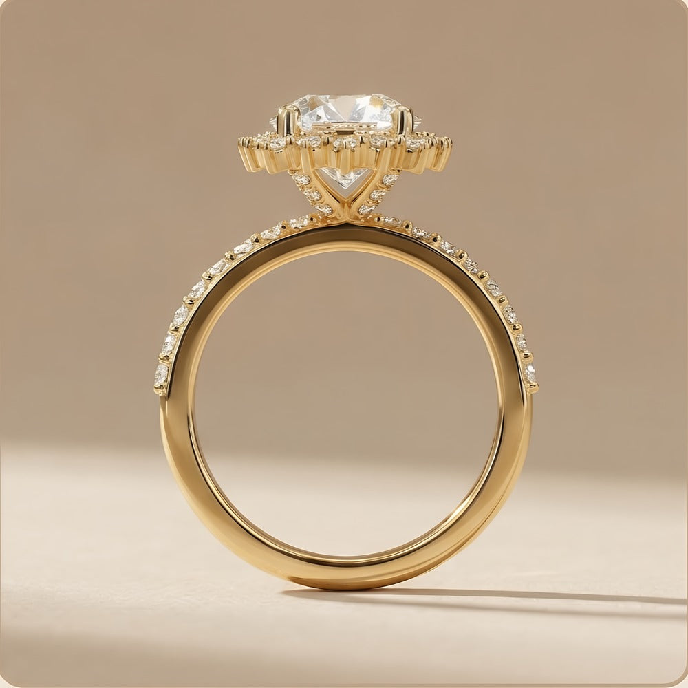 Conflict-free moissanite sunburst round cut ring band