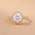 Sunburst round cut moissanite halo engagement ring