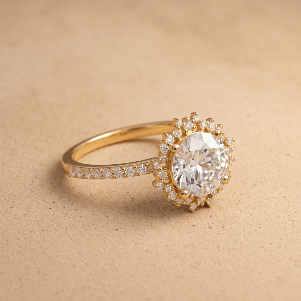 Lab-grown round moissanite sunburst halo ring closeup