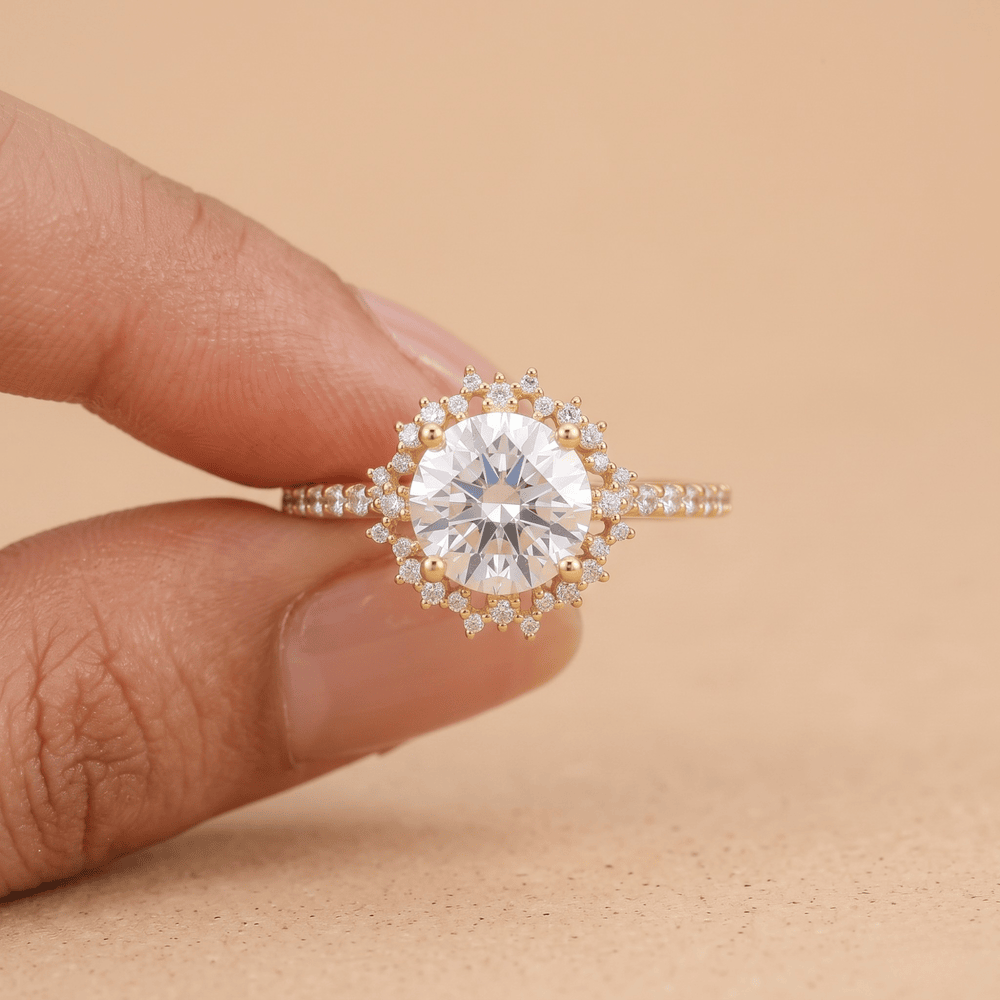 Eco-conscious moissanite round cut sunburst halo ring