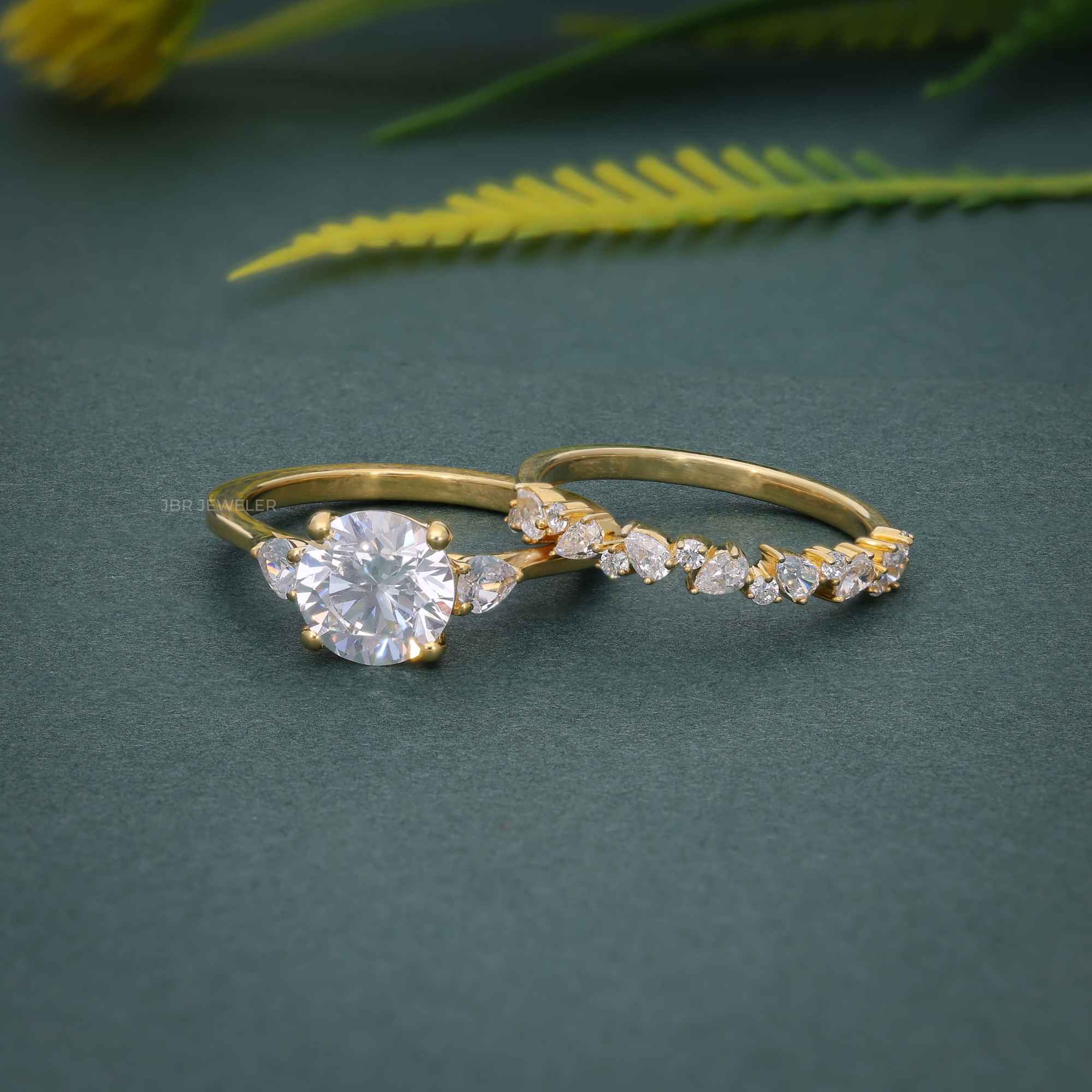Round Cut Three Stone Moissanite Diamond Ring With Matching Wedding band