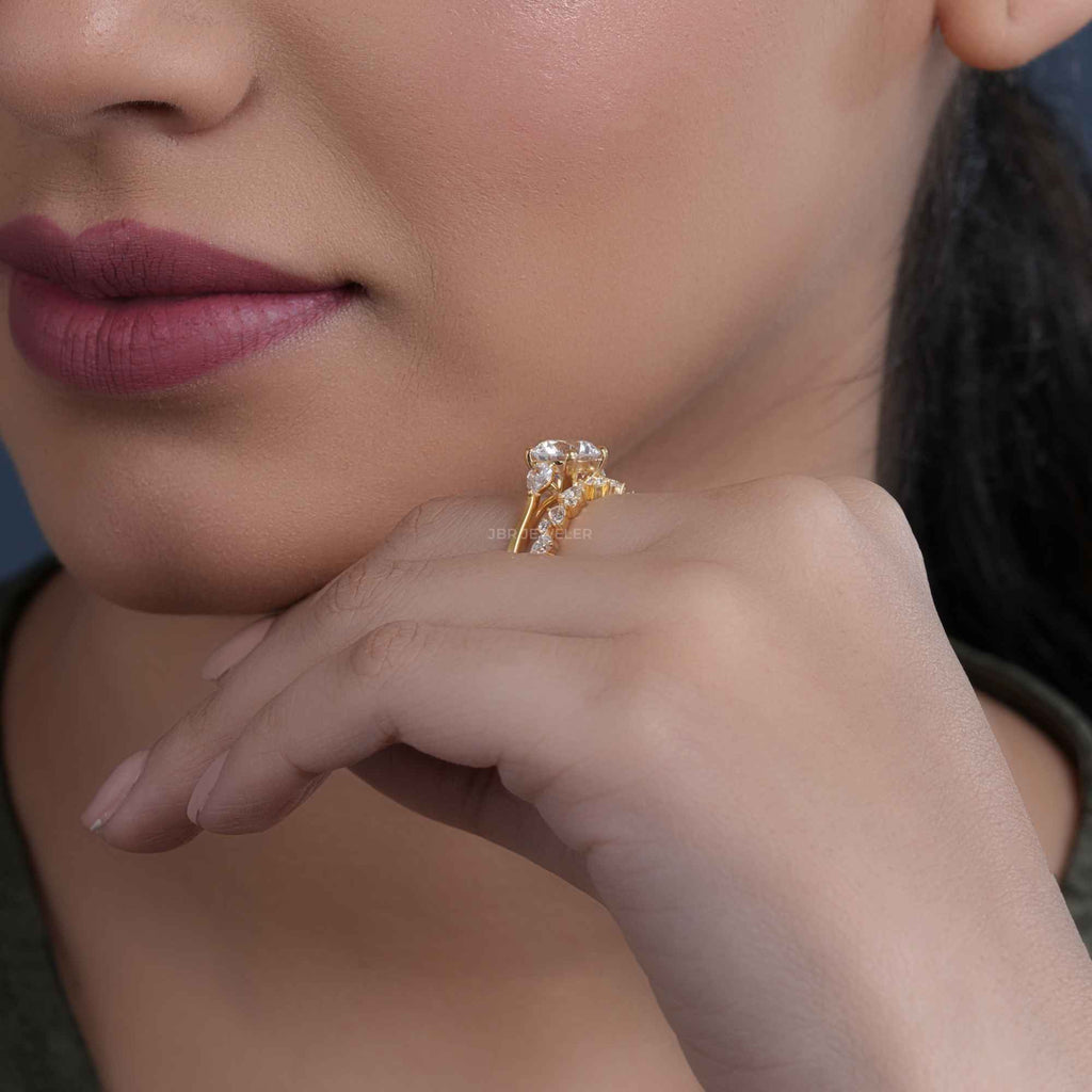 Round Cut Three Stone Moissanite Diamond Ring With Matching Wedding band - JBR Jeweler