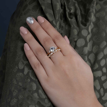 Round Cut Three Stone Moissanite Diamond Ring With Matching Wedding band
