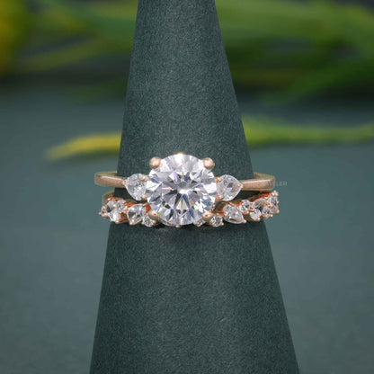 Round Cut Three Stone Lab Grown Diamond Ring With Matching Wedding band