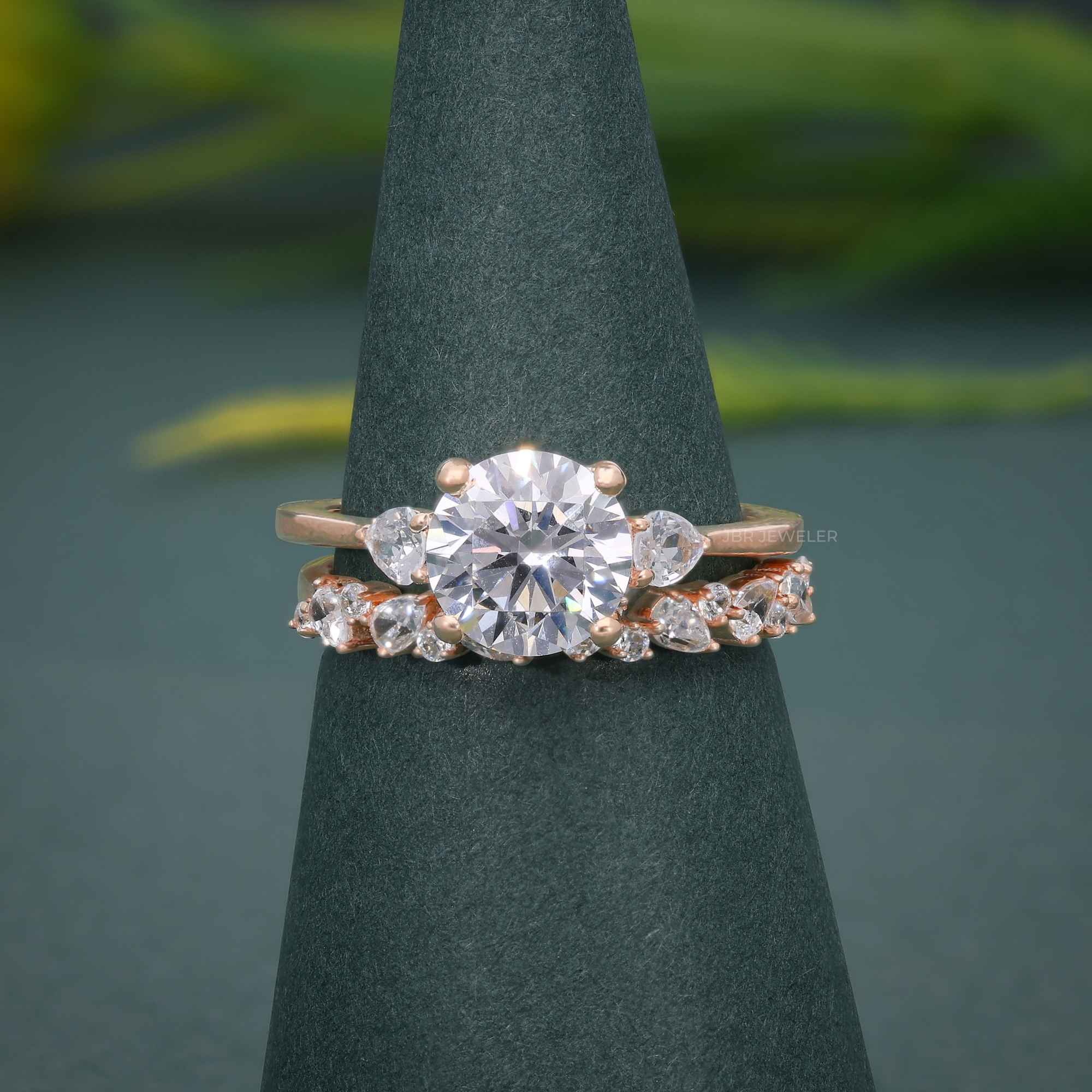 Round Cut Three Stone Moissanite Diamond Ring With Matching Wedding band - JBR Jeweler