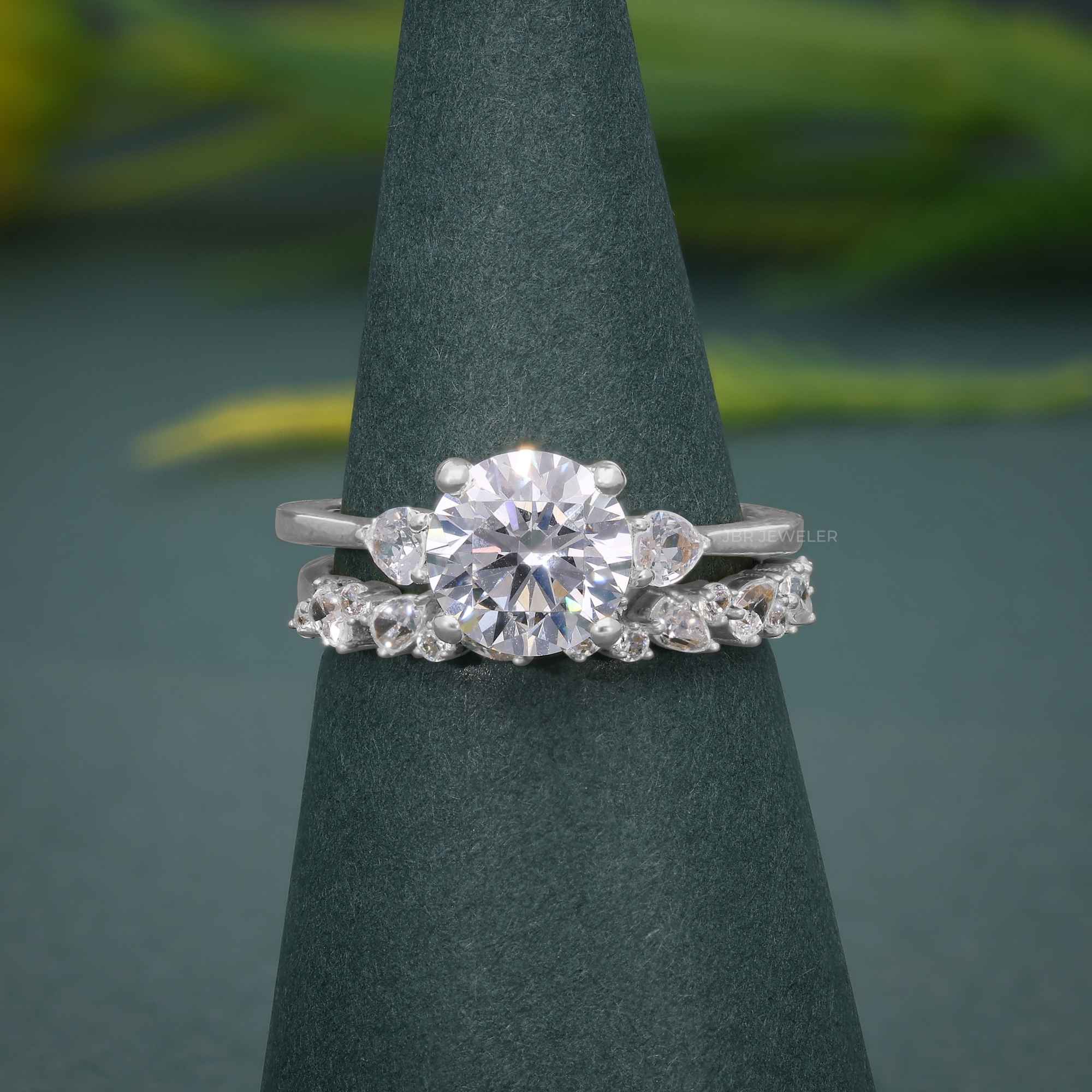 Round Cut Three Stone Moissanite Diamond Ring With Matching Wedding band - JBR Jeweler