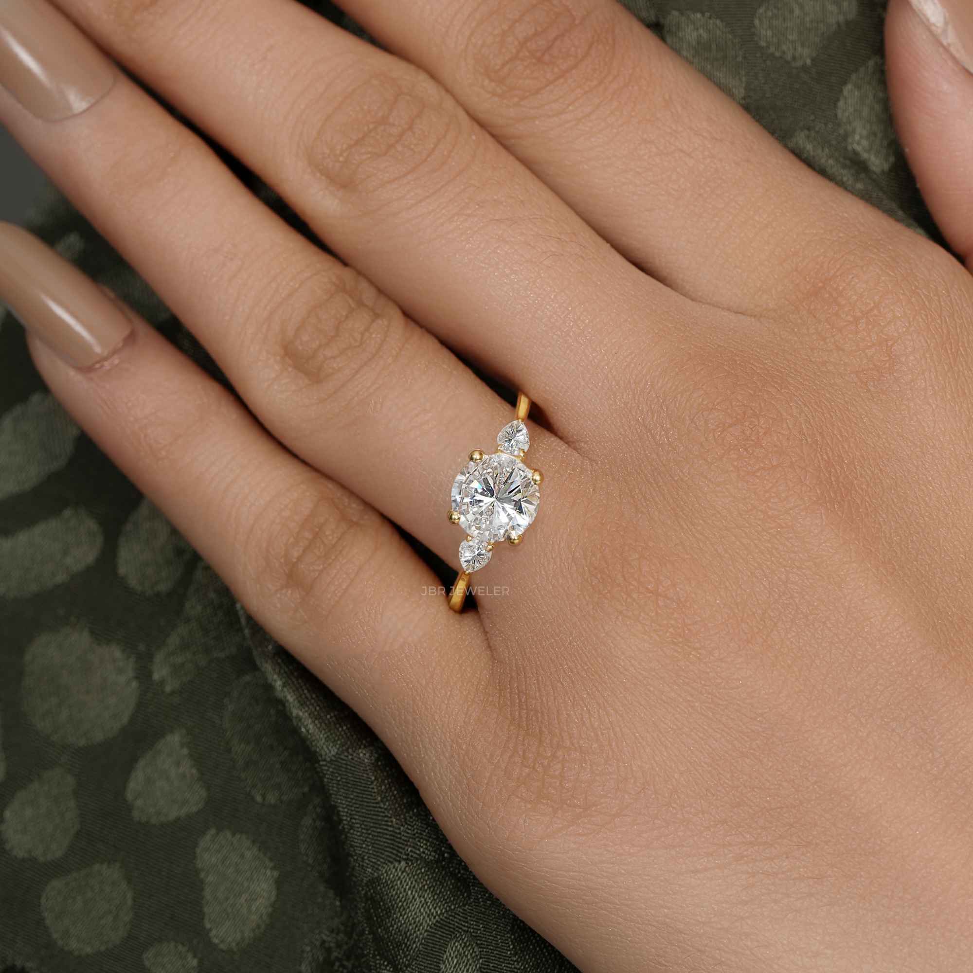 Three Stone Round Cut Lab Gown Diamond Ring With Pear Side Stone - JBR Jeweler