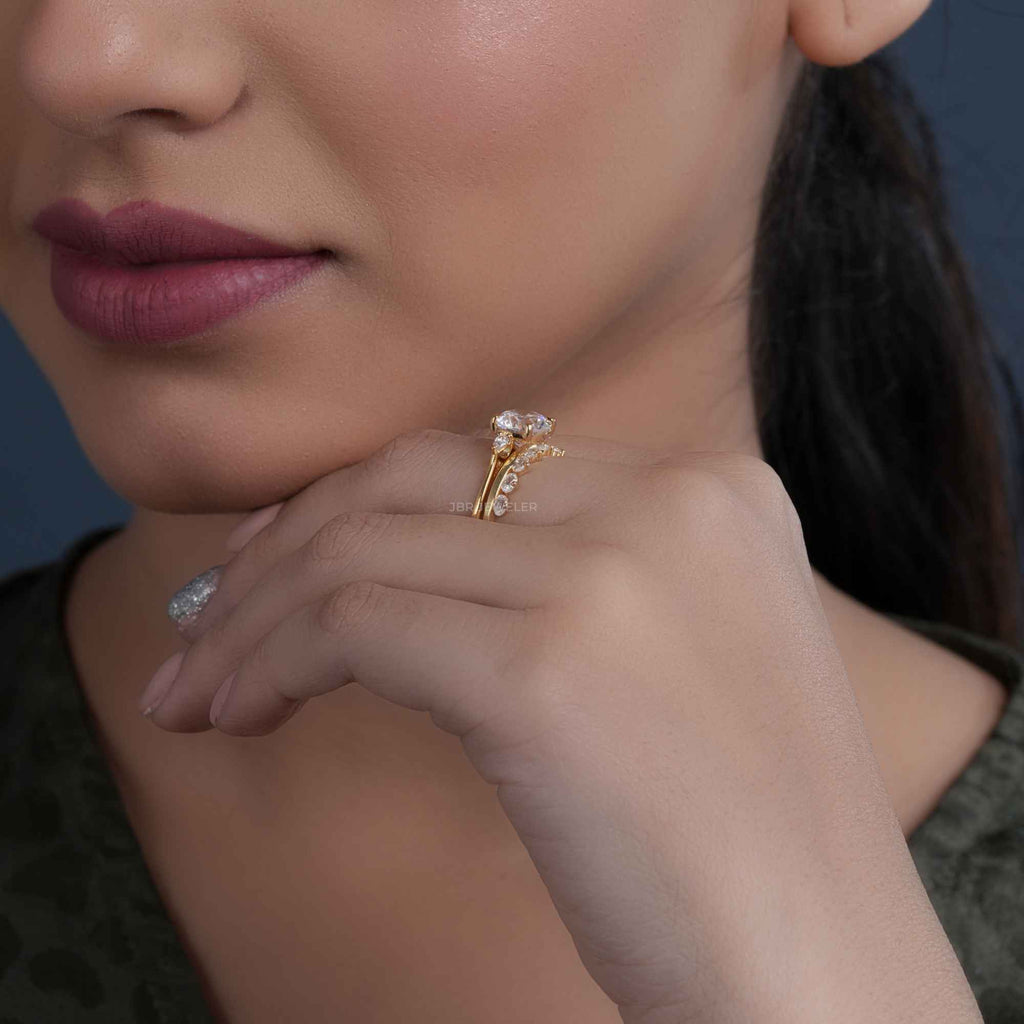 Round Cut Three Stone Moissanite Diamond Wedding Ring With Matching Band - JBR Jeweler