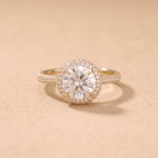 Petite micro pave round moissanite halo engagement ring