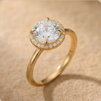 Betrothal ring with round diamond and halo setting