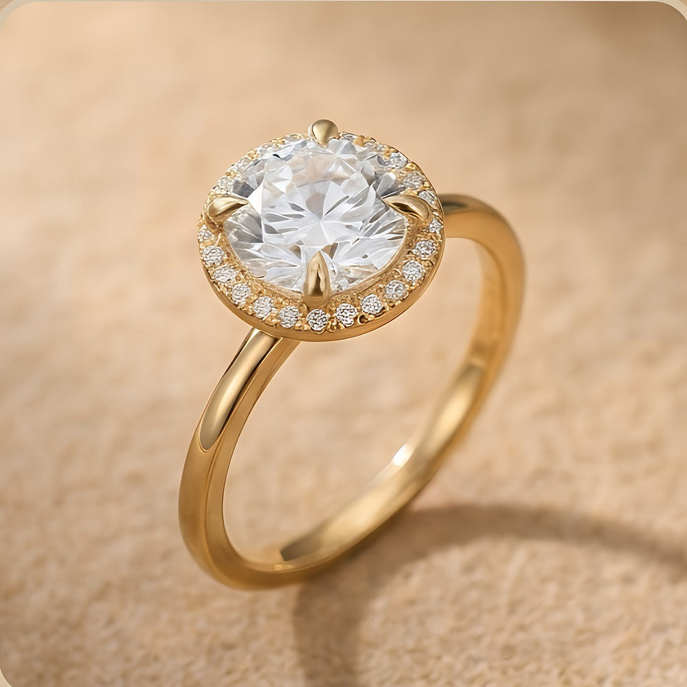 Betrothal ring with round diamond and halo setting