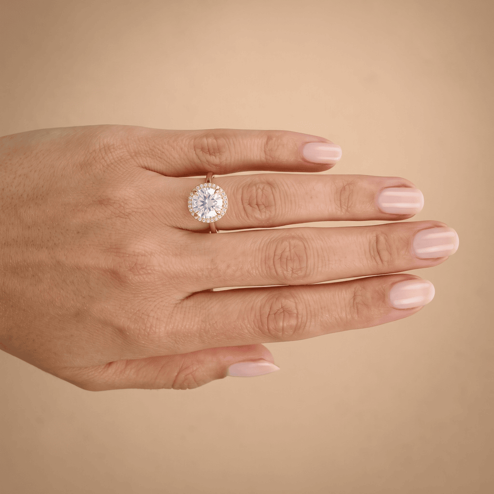 Round halo promise ring angled sparkle shot