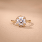 Round cut diamond halo ring on 14K gold band