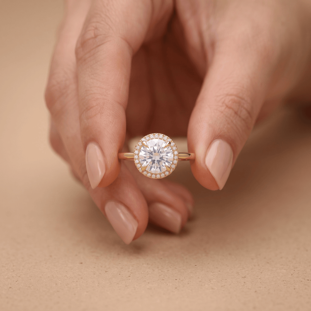 Round halo ring shown on model's hand