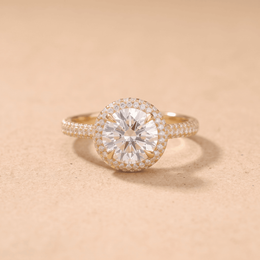 Round lab diamond halo wedding ring in 14K gold